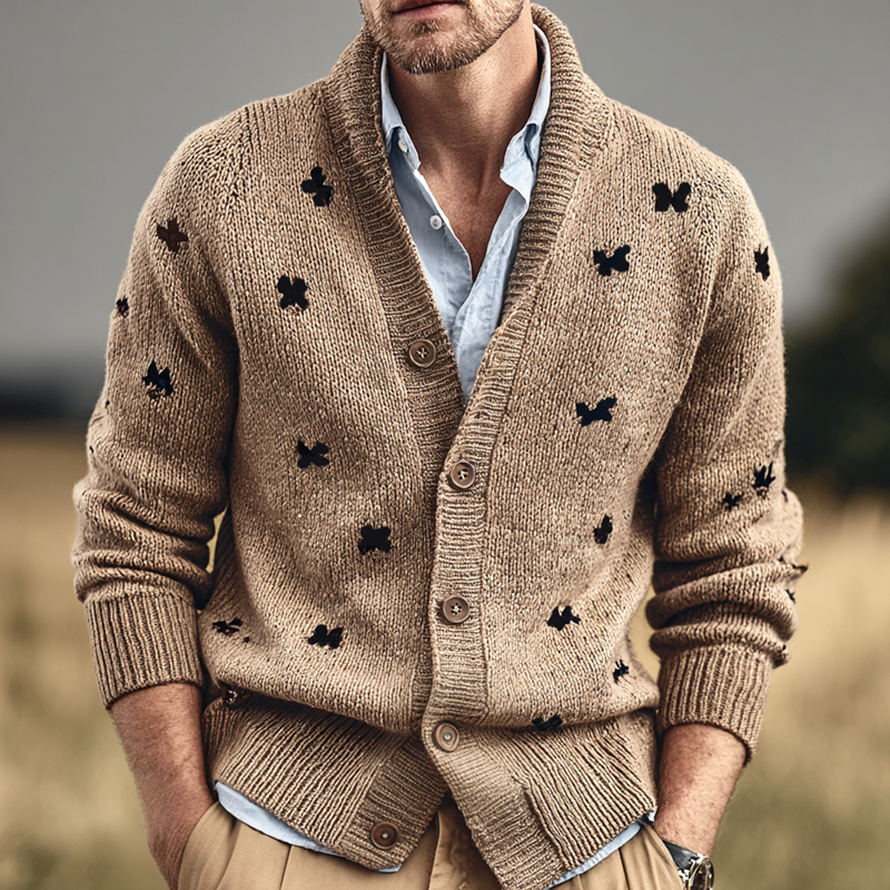 Men's Butterfly Pattern Shawl Collar Single Breasted Knit Cardigan MTA1101I7Z