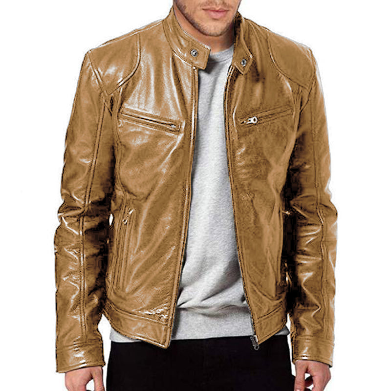 Men's Stand Collar Slim Fit Zip Pocket Leather Jacket 11770989M ...