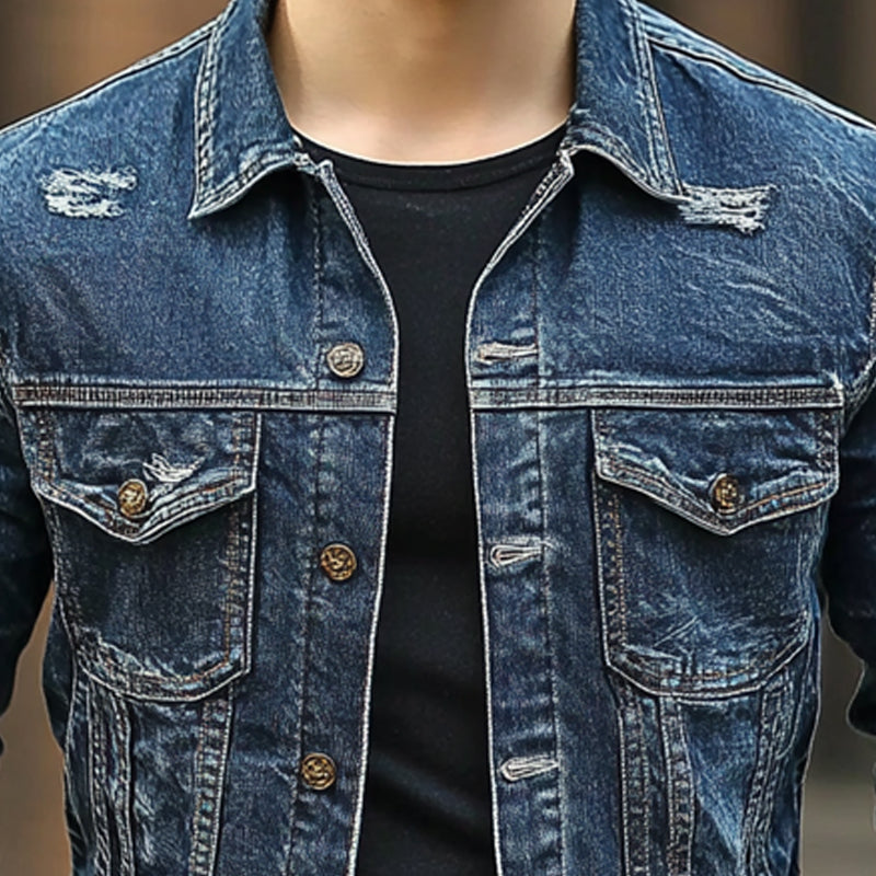 Menns Ripped Single Breasted Lapel denimjakke 89789274X