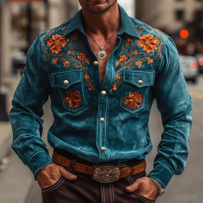 Men's Vintage Floral Embroidered Suede Long Sleeve Shirt MTA2280H1U