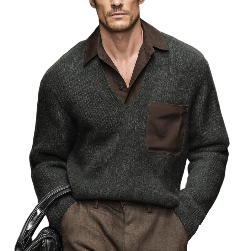 Men's Vintage Dark Green And Brown Fake Two-piece Sweater MTA2399J4U