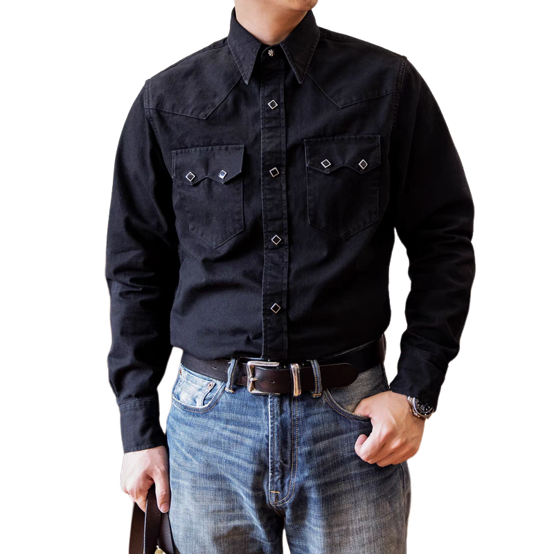 Men's Fashion Lapel Chest Pocket Long Sleeve Denim Shirt 60021460Z