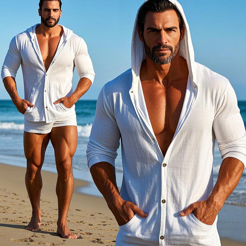 Men's Casual Cotton and Linen Single Breasted Hoodie 31944678X