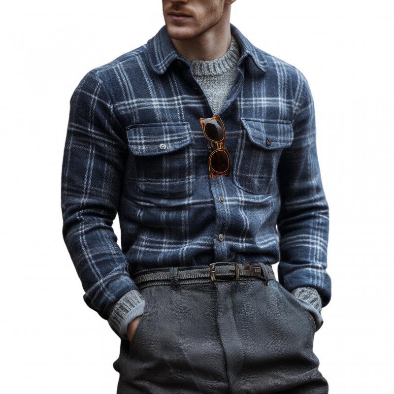 Men's Casual Vintage Flannel Plaid Lapel Flap Chest Pocket Slim Fit Long Sleeve Shirt MTA0818H1M