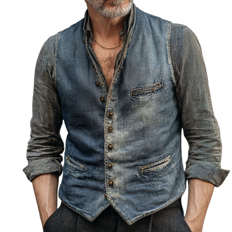 Men's Vintage Washed Denim Round Neck Single Breasted Multi-pocket Vest MTA2166H4Z