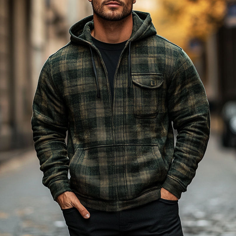 Men's Check Print Zip-Up Hooded Jacket MTA1658H0X