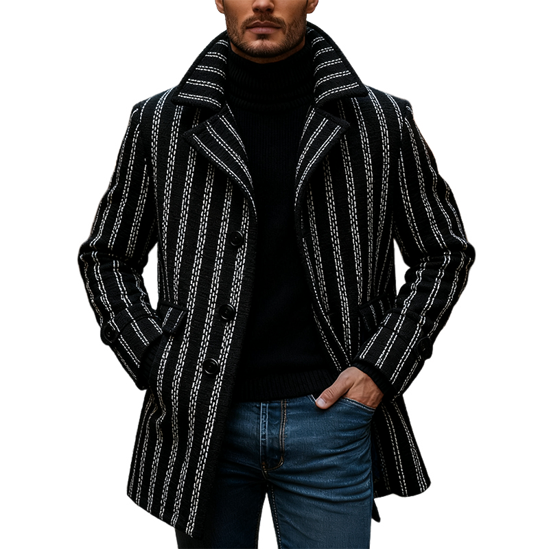 Men's Vintage Striped Tweed Lapel Mid-Length Coat MTA2448J3X