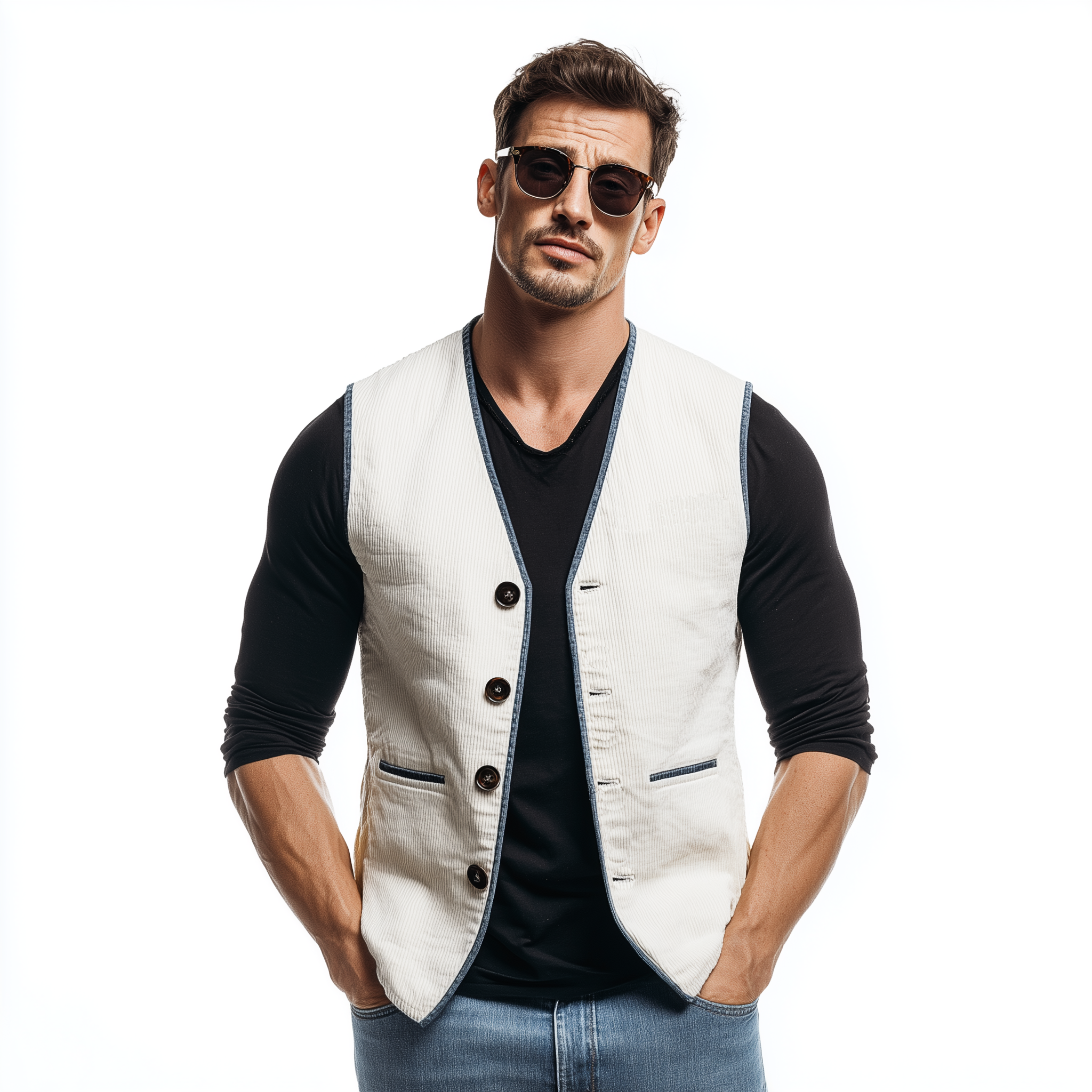 Men's Classic Casual V-neck Contrasting Hem Corduroy Vest MTA3112G0K