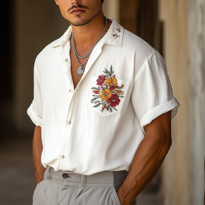 Men's Casual Chiffon Embroidered Short-sleeved Shirt 23772993U