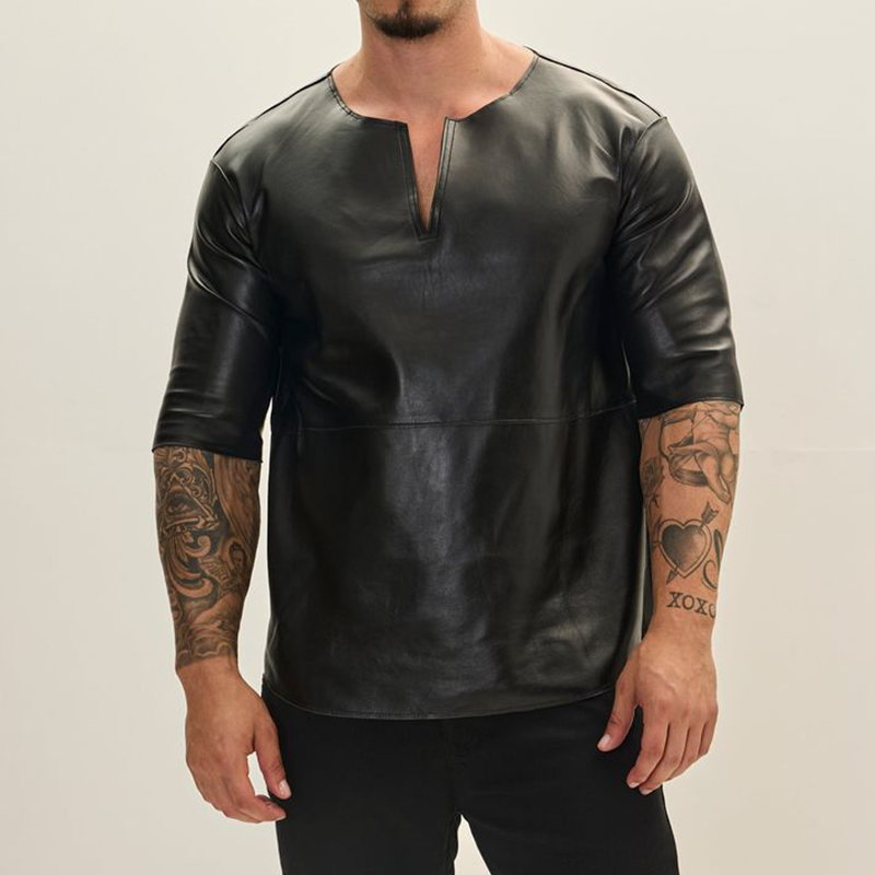 Men's Stylish Casual Leather Slim Fit Short Sleeve T-shirt 49895198K