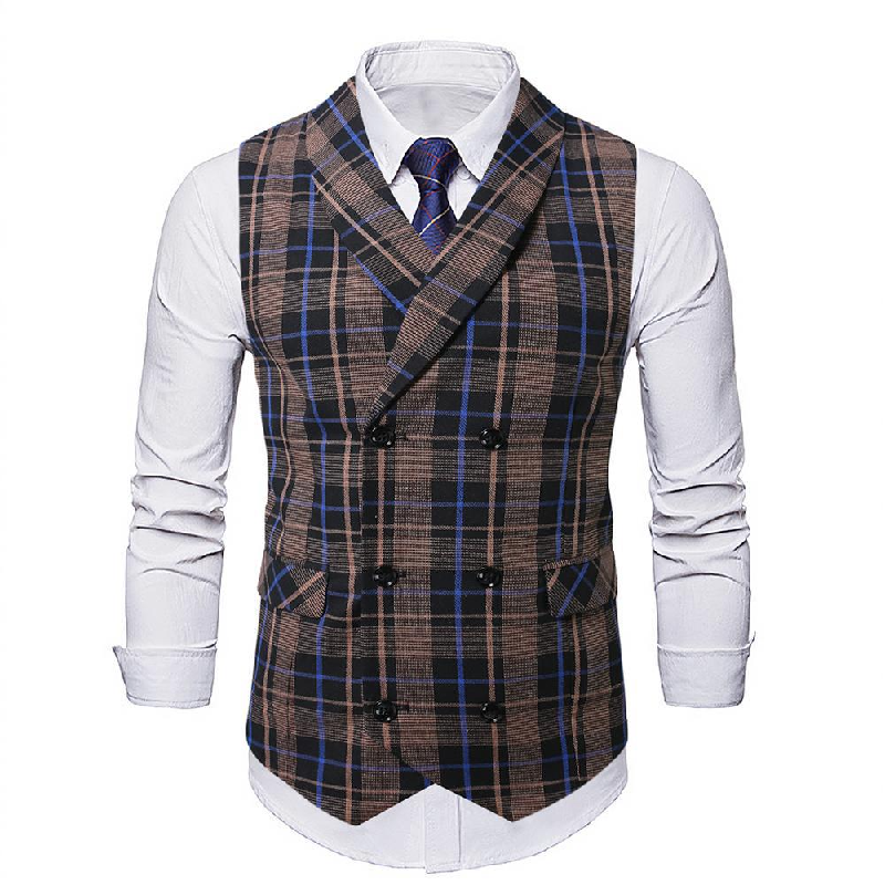 Men's Vintage Checkered Lapel Double-breasted Vest (shirt Not Included) 26293846X