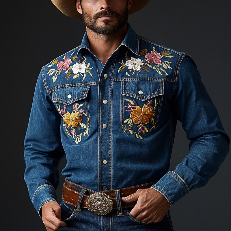 Men's Western Cowboy Style Embroidered Lapel Chest Pocket Long Sleeve Denim Shirt 23822872Z