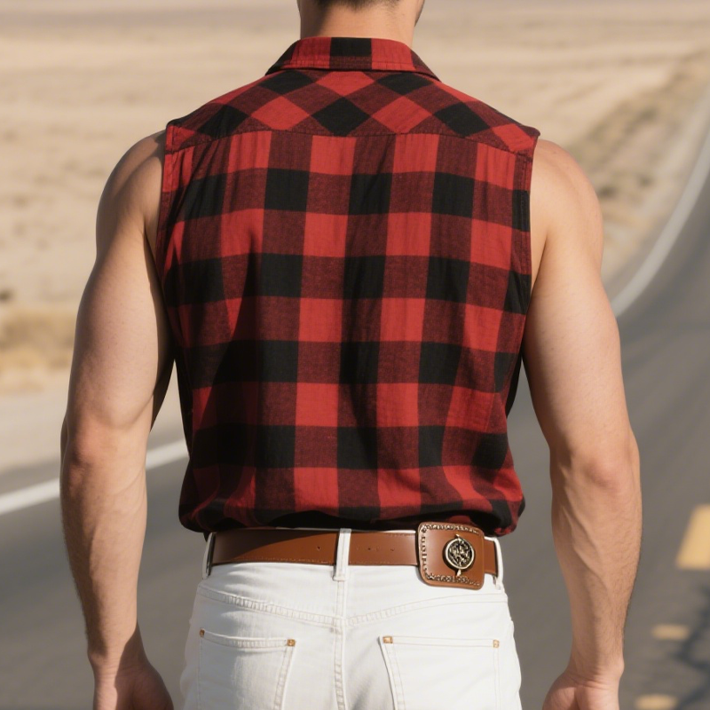 Men's Summer Casual Retro Western Denim Plaid Cotton Blended Sleeveless Shirt MTA2864D4K