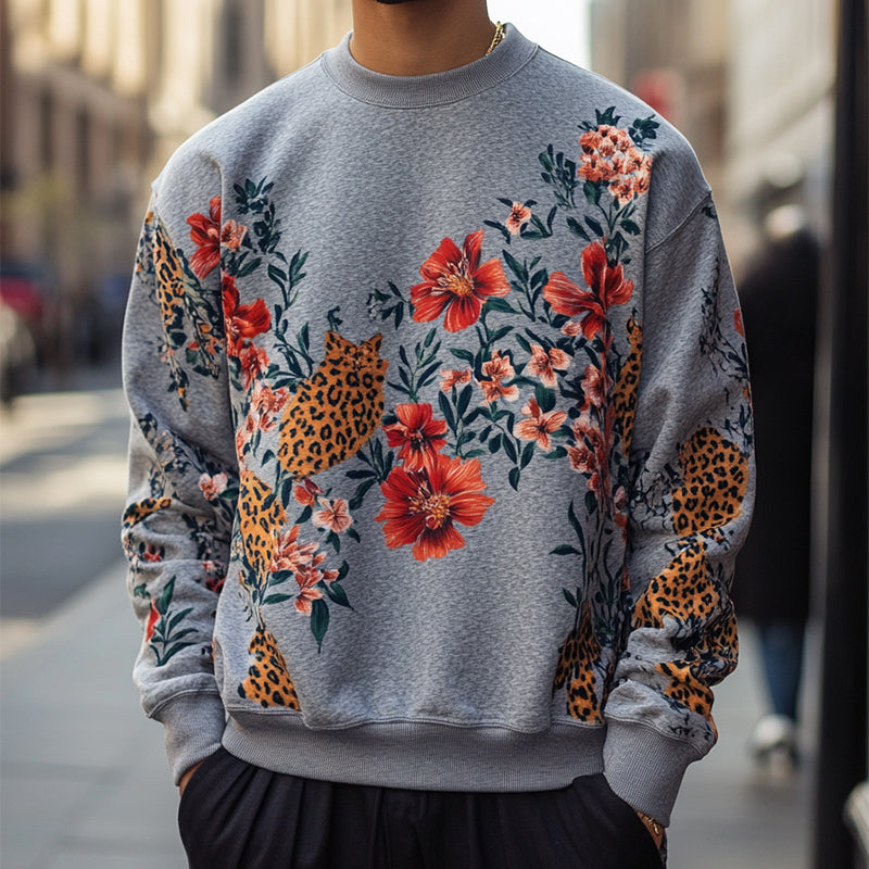 Men's Retro Casual Floral Leopard Print Crew Neck Sweatshirt 98470208TO