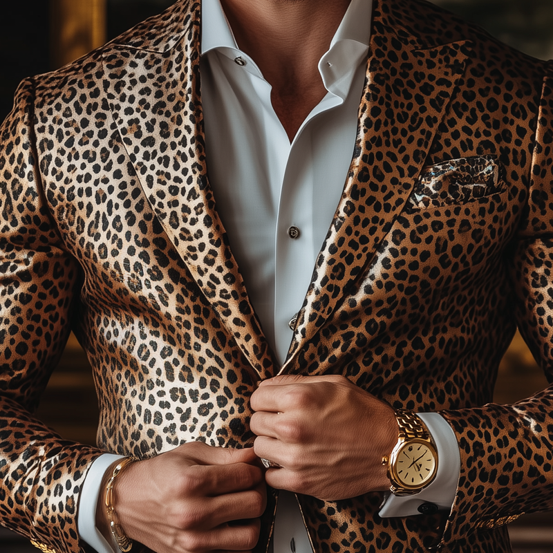 Herremote Leopard Satin Peak Lapel Blazer med to knapper 71155305Z