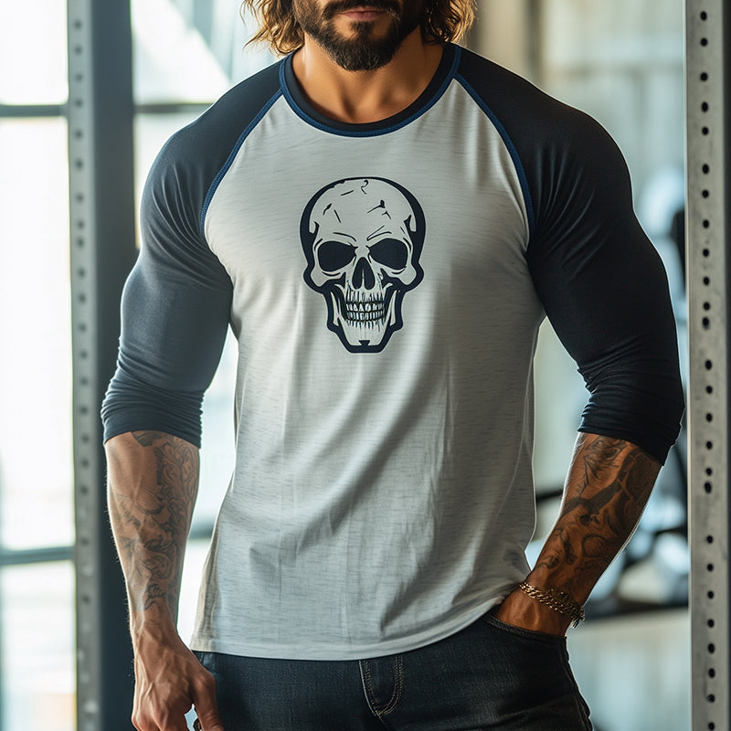 Men's Retro Skull Print Colorblock Casual Sports Round Neck Long Sleeve T-shirt 69706160TO