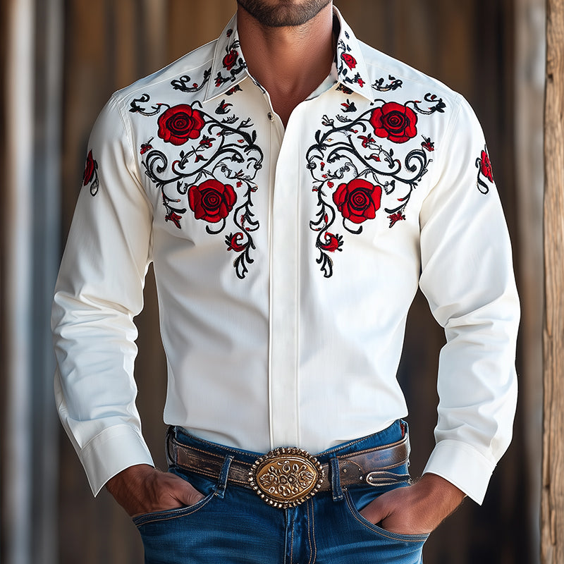 Men's Vintage Embroidered Lapel Long Sleeve Shirt 53893408TO