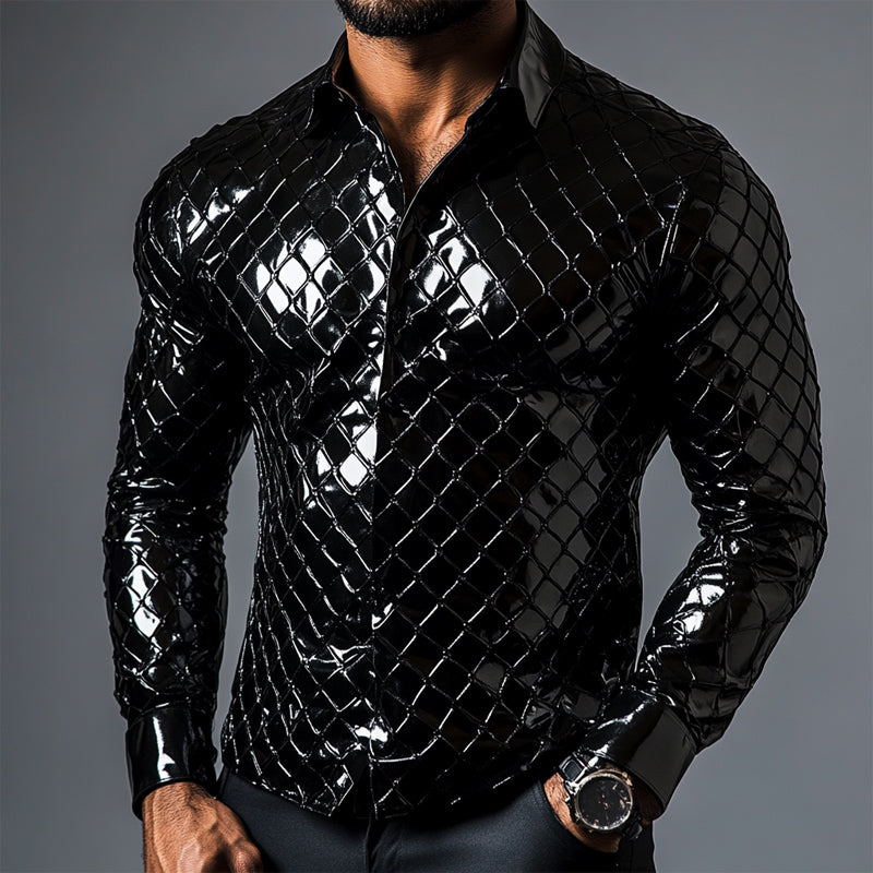 Men's Slim Fit Solid Plaid Shiny Long Sleeve Leather Shirt 88362010U