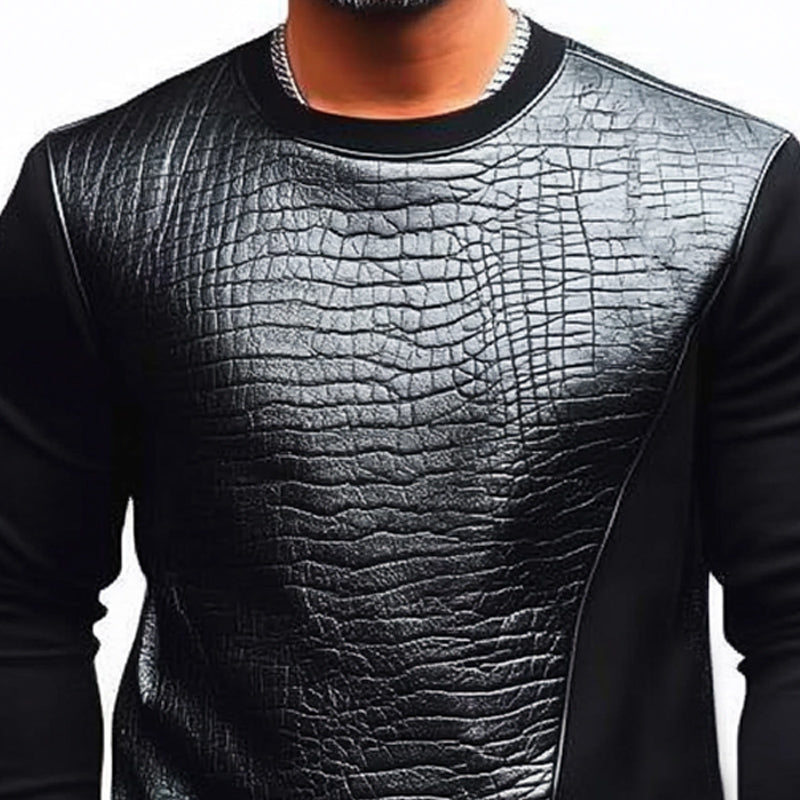 Men's Pure Black Crocodile Pattern Stitching Round Neck Sweatshirt 38214987U