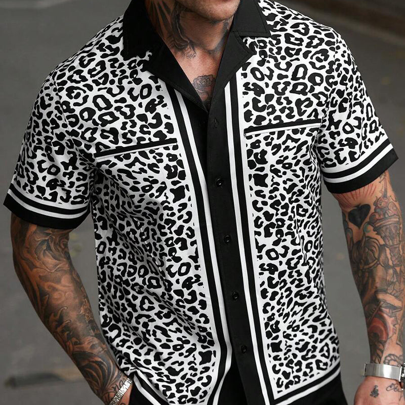 Men's Holiday Leopard Print Lapel Short Sleeve Shirt 78399330X