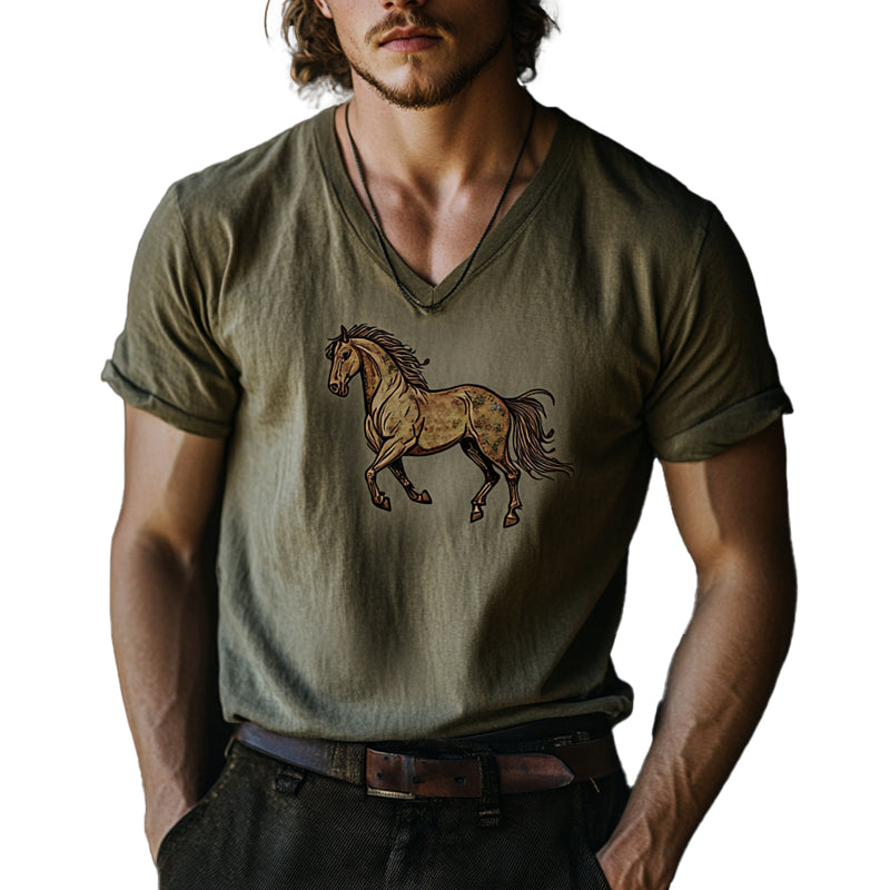 Men's Horse Print V-Neck Short Sleeve T-Shirt 86840741X