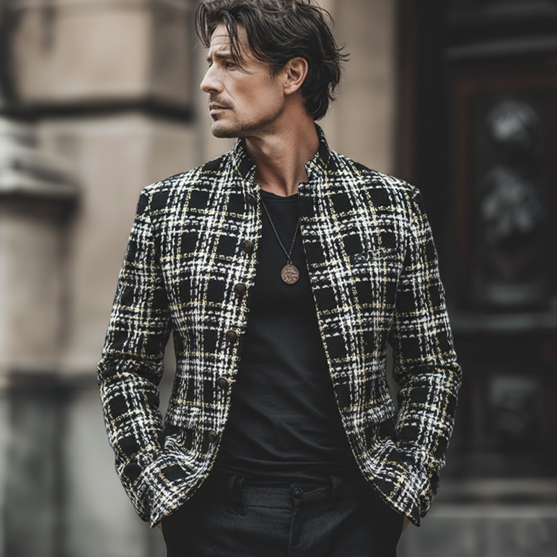 Men's Retro Elegant Tweed Plaid Stand Collar Jacket MTA1108L5U