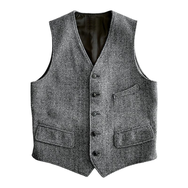 【Expédition 24 heures】Gilet rétro à chevrons et col en V pour homme, simple boutonnage, multi-poches 63551775M