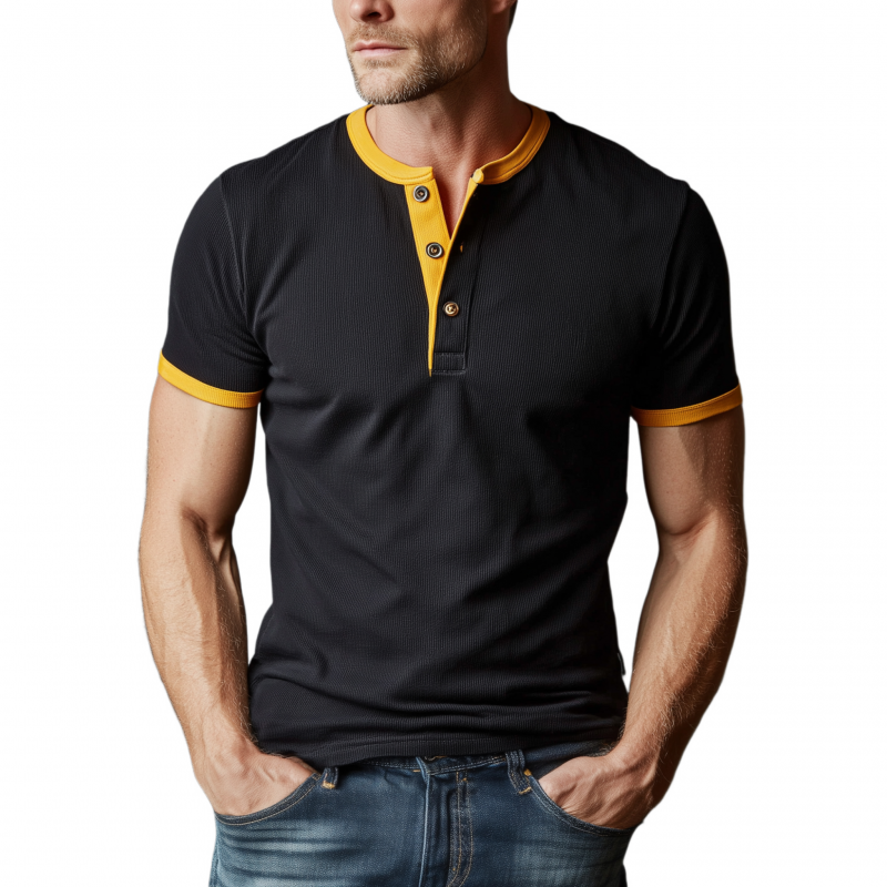 Men's Casual Cotton Blend Colorblock Ribbed Henley Collar Slim Fit Short Sleeve T-Shirt MTA2391G8M