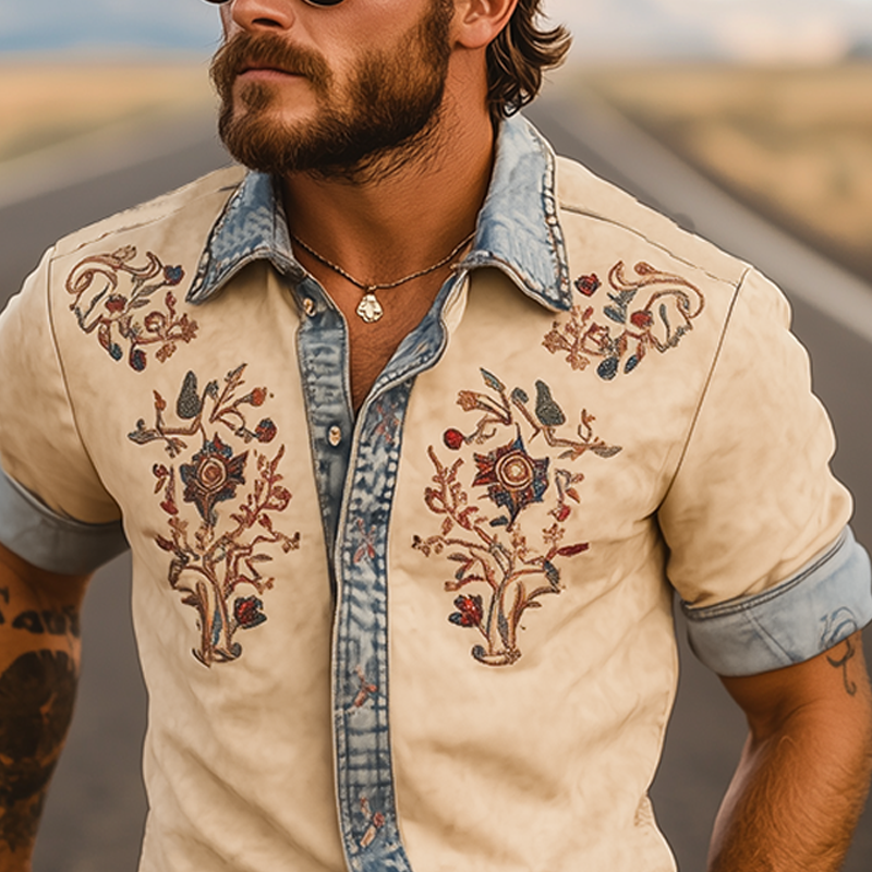 Men's Summer Fashion Retro Western Cowboy Style Denim Stitching Suede Embroidery Short-sleeved Shirt MTA2893D9K