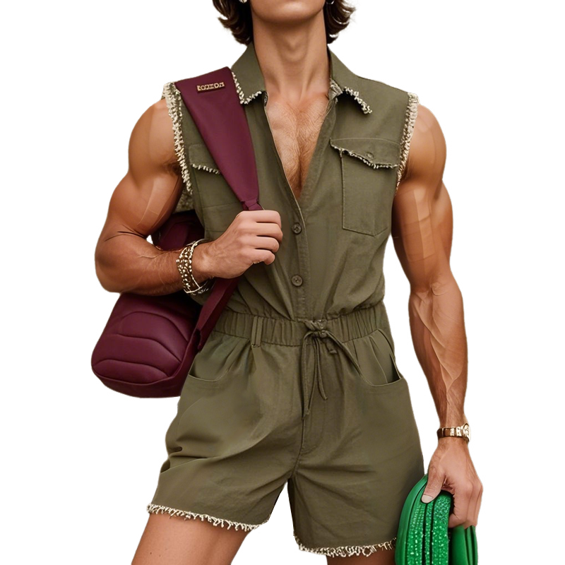 Men's Fashion Solid Lapel Sleeveless Shorts Rough Edges Outdoor Cargo Jumpsuit MTA1560E8Z