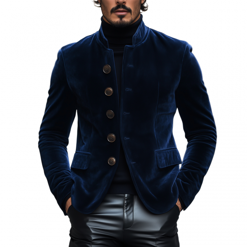 Men's Vintage Elegant Solid Color Velvet Stand Collar Single-breasted Slim-fit Blazer MTA1495H4M