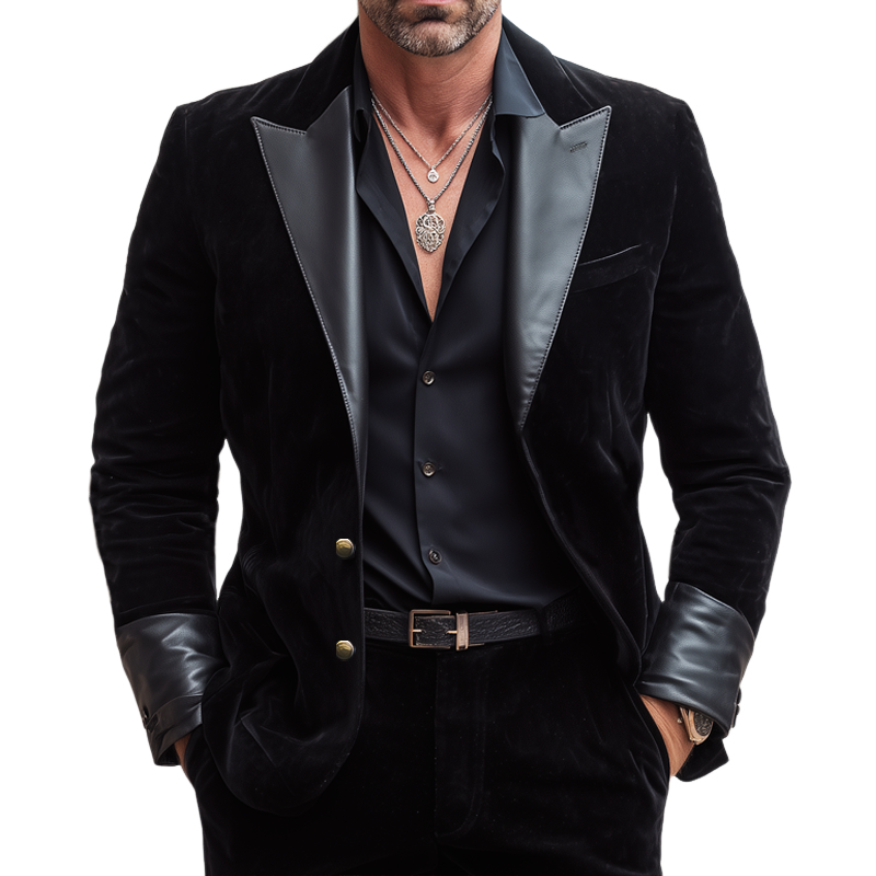 Men's Business Two-button Velvet And PU Leather Patchwork Blazer MTA3075H6U