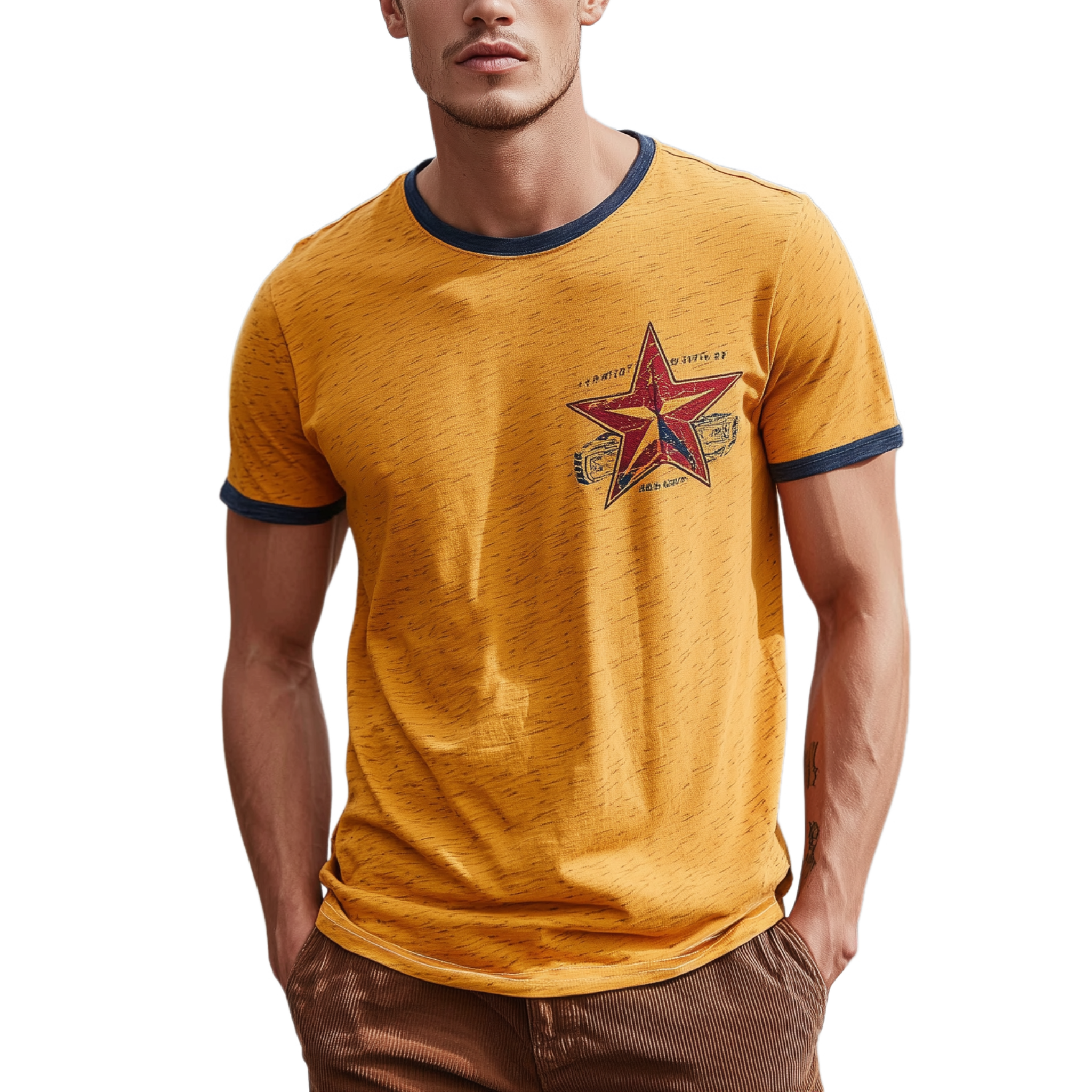 Men's Classic Casual Heathered Cotton Blend Contrast Stitching And Print Crew Neck Short Sleeve T-shirt MTA2373G2K