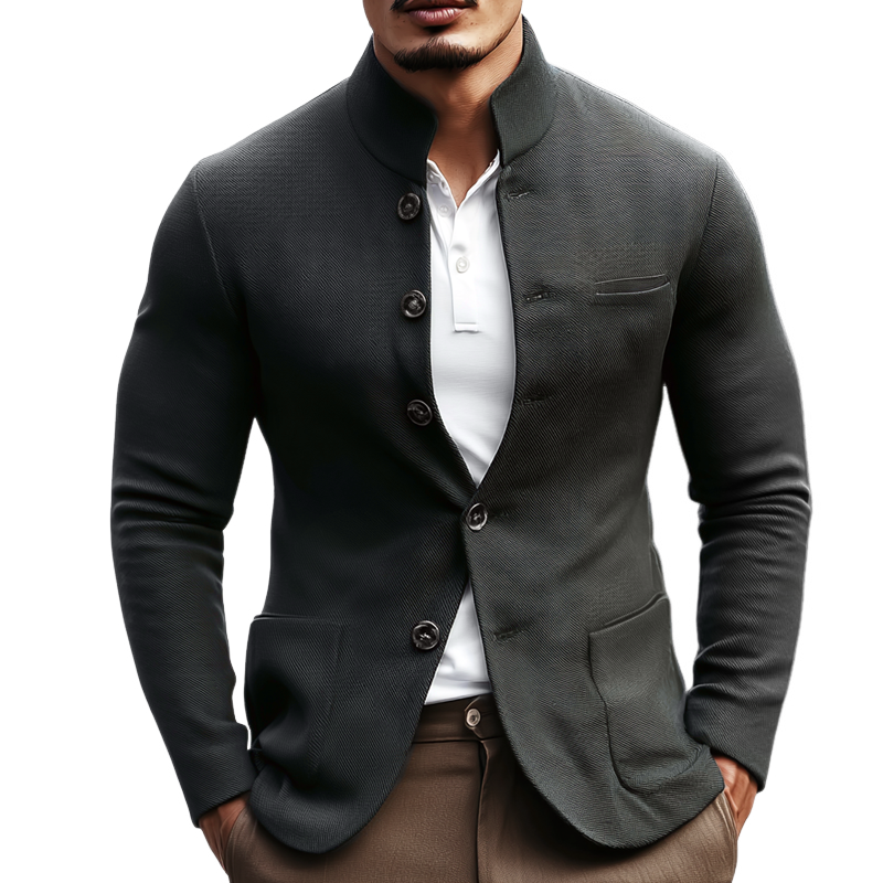 Men's Woven Twill Blend Stand Collar Single-Breasted Casual Jacket MTA2830H1Z