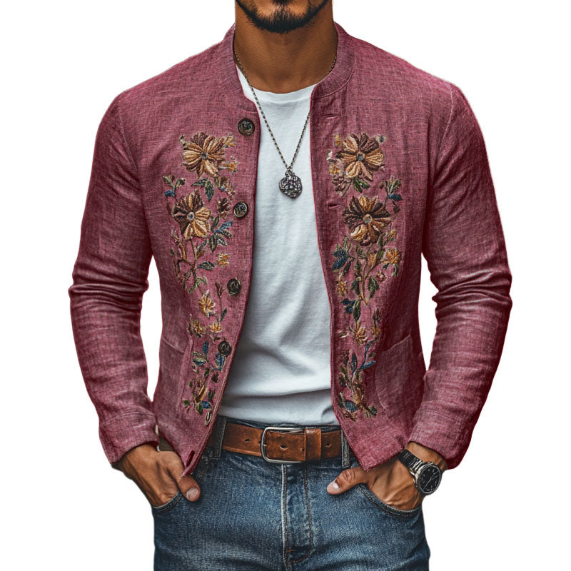 Men's Casual Linen Embroidered Stand Collar Single Breasted Slim Fit Jacket 48687422M