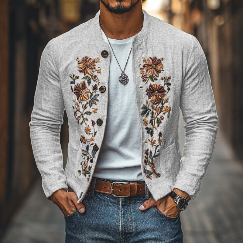 Men's Casual Linen Embroidered Stand Collar Single Breasted Slim Fit Jacket 48687422M