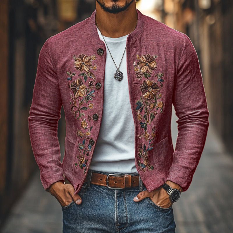 Men's Casual Linen Embroidered Stand Collar Single Breasted Slim Fit Jacket 48687422M