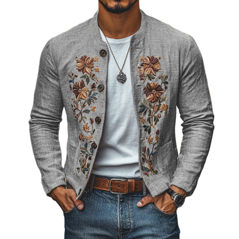 Men's Casual Linen Embroidered Stand Collar Single Breasted Slim Fit Jacket 48687422M