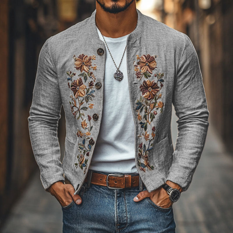 Men's Casual Linen Embroidered Stand Collar Single Breasted Slim Fit Jacket 48687422M