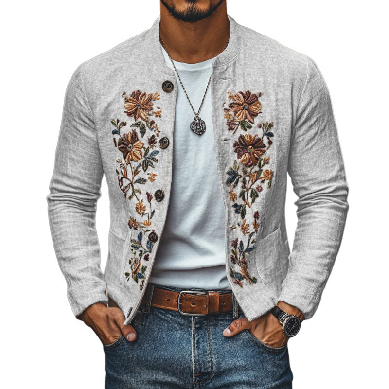 Men's Casual Linen Embroidered Stand Collar Single Breasted Slim Fit Jacket 48687422M