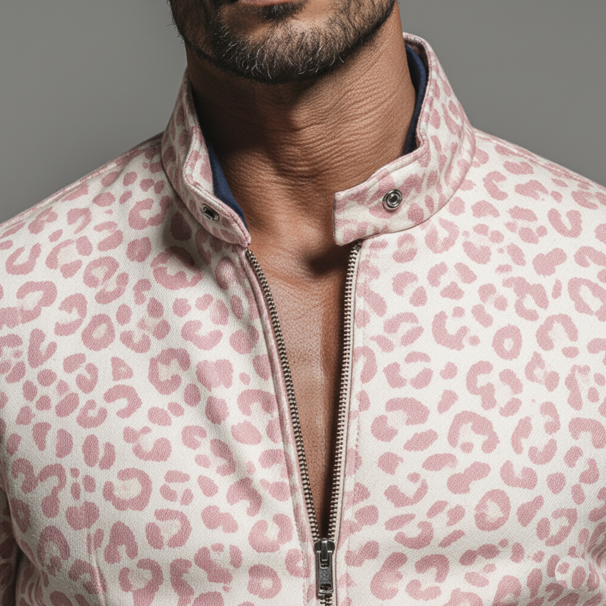 Men's Classic Casual Stand-collar Pink Leopard Print Denim Zip-up Jacket MTA1902L8K