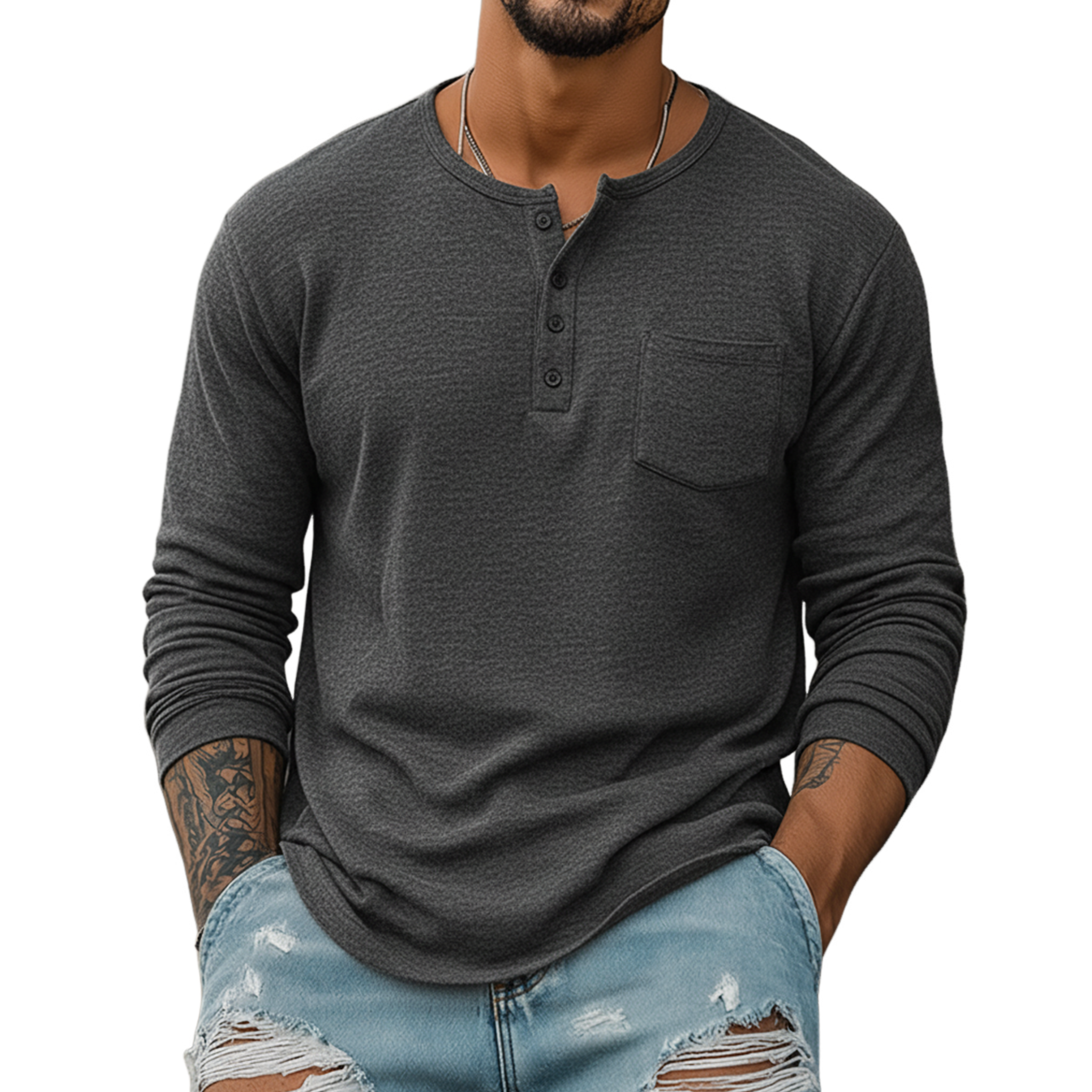 Men's Classic Henley Collar Dralon Warm Long Sleeve T-Shirt MTA2076J3K
