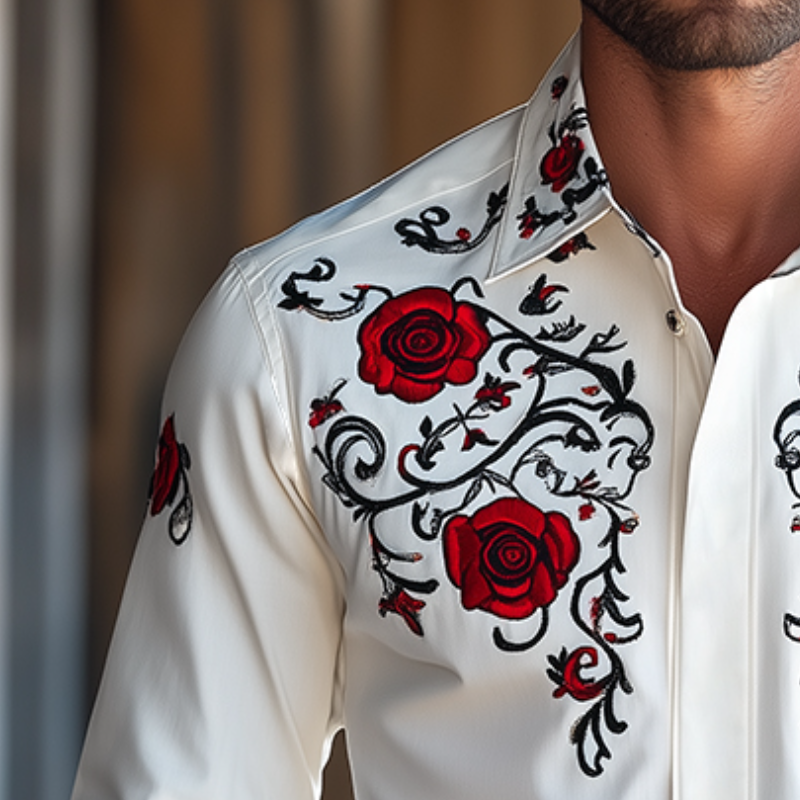 Men's Vintage Embroidered Lapel Long Sleeve Shirt 53893408TO