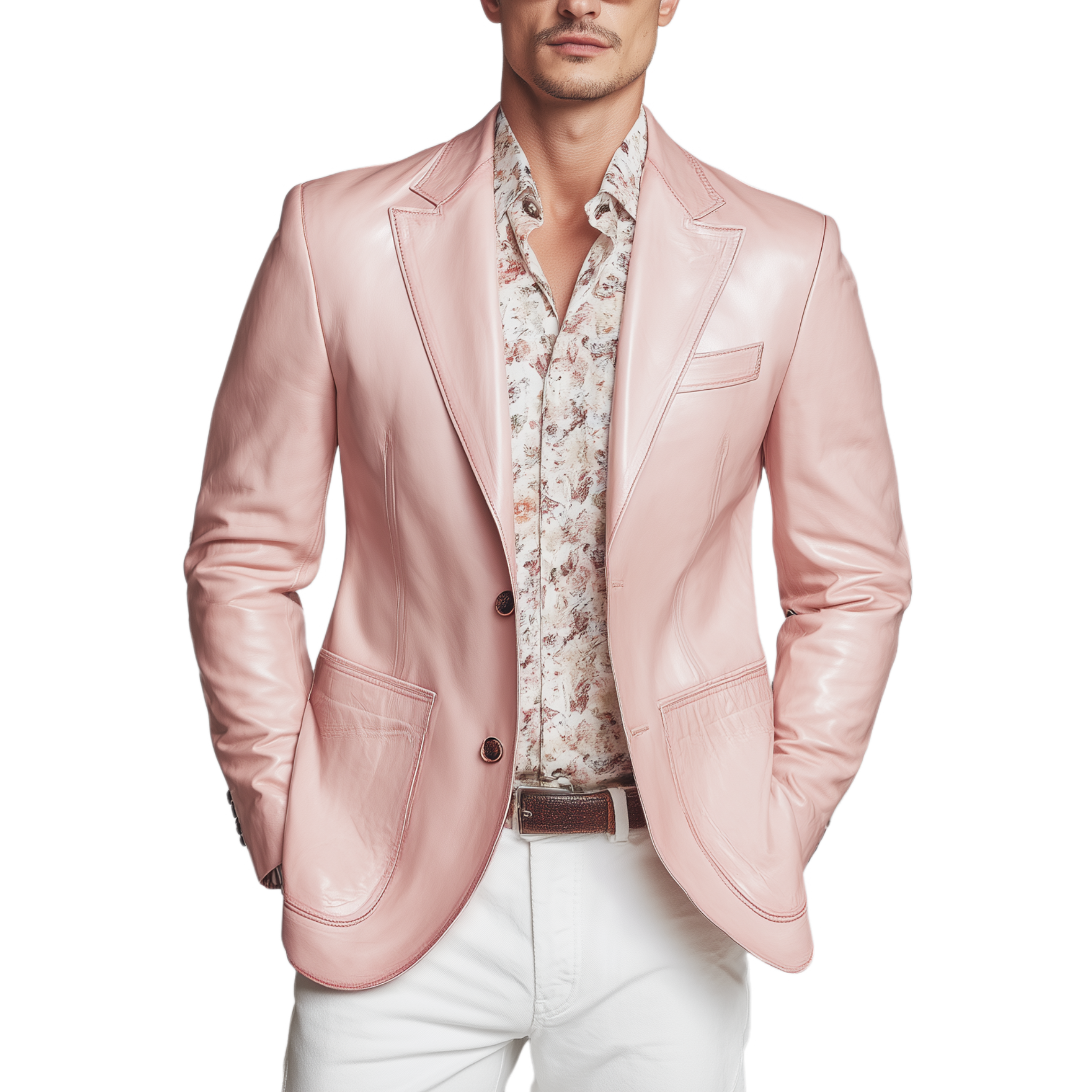 Men's Classic Casual Pink Pu Leather Single-breasted Slim-fit Blazer MTA1240H7K