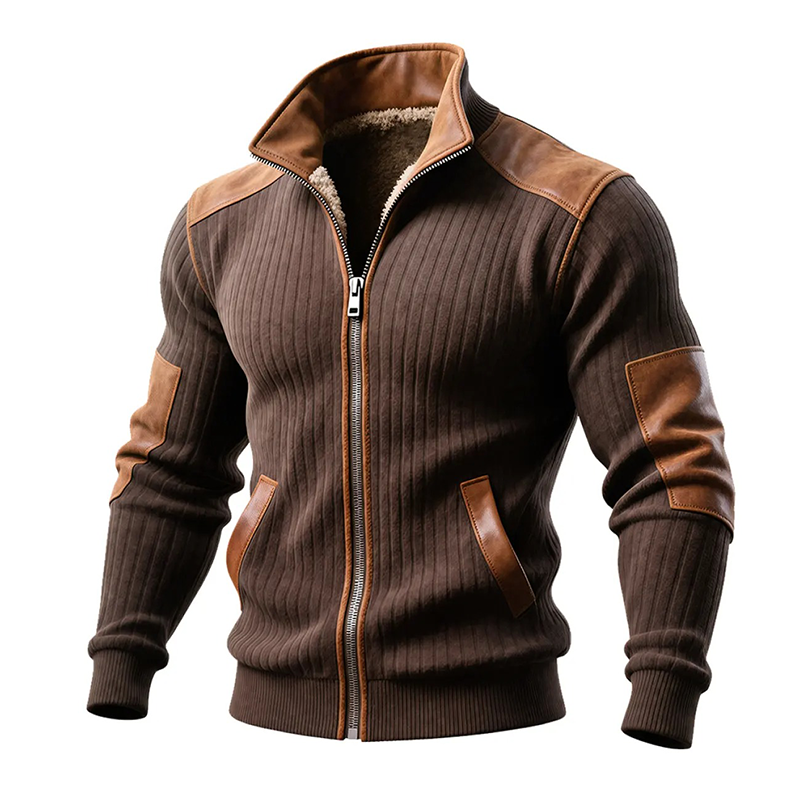 Men's Casual Knitted Stitching PU Lapel Zipper Jacket MTA0931J3X