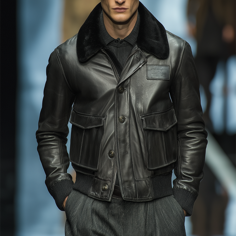 Men's Retro Casual Fur Collar Button Zipper Leather Jacket MTA0125I9TO