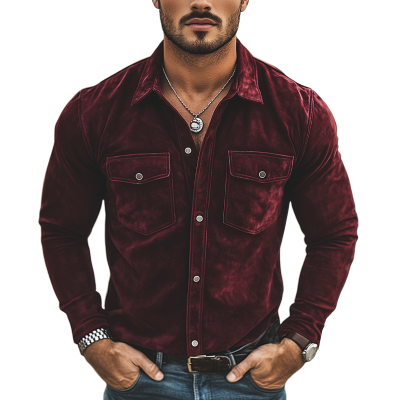 Men's Classic Lapel Button Velvet Long Sleeve Shirt MTA2593G2U
