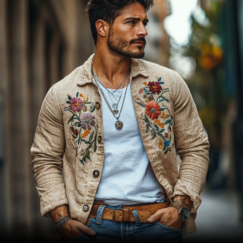 Men's Casual Linen Embroidered Lapel Loose Long Sleeve Shirt 13095416M