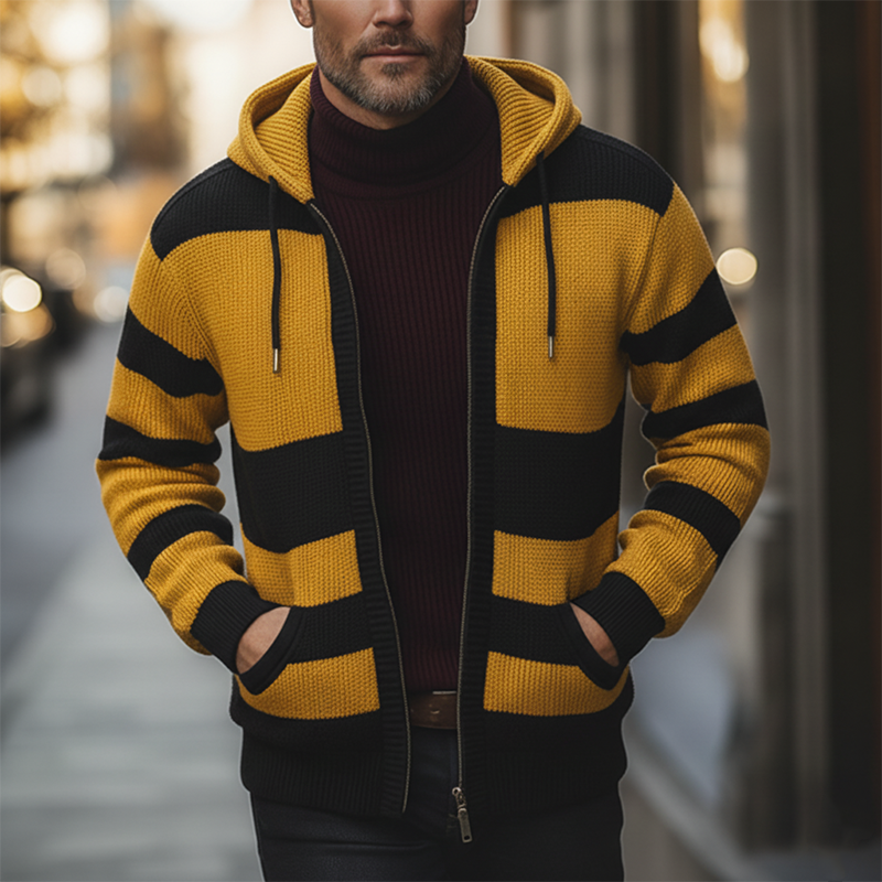 Men's Winter Retro Color Block Cotton Yarn Knitted Hooded Cardigan MTA0349K3P