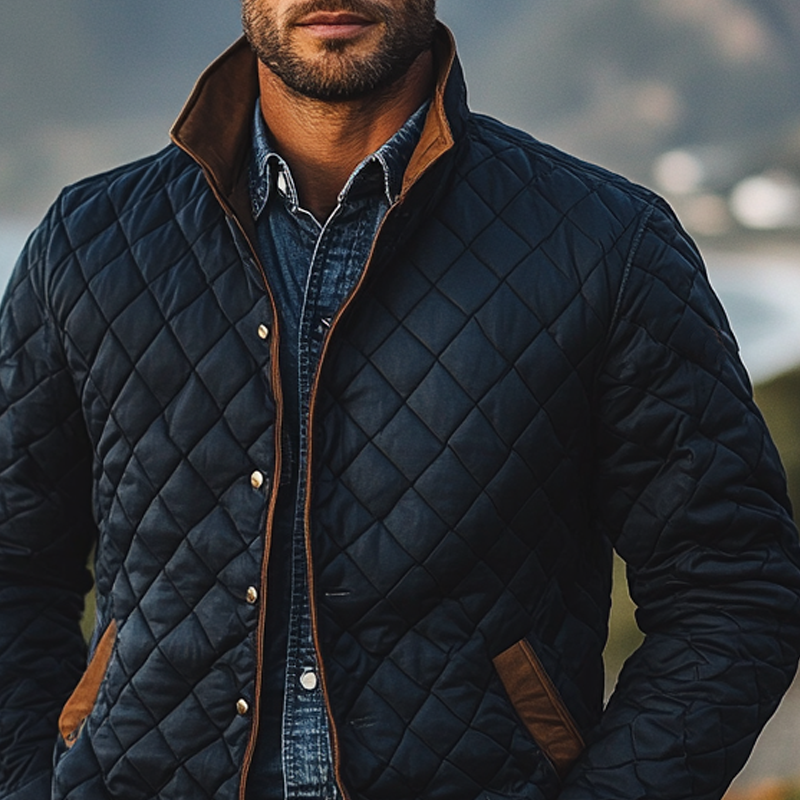 Men's Contrast Quilted Diamond Lapel Button-Down Jacket MTA2396I1X